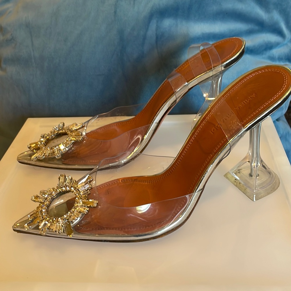 Amina Muaddi Begum Glass Clear PVC Crystal Clear Slingback Sandal Heel size 37